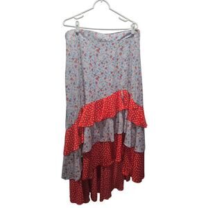 Y2K Boho Prairie Tiered Maxi Skirt Floral Polka Dot Patchwork XL